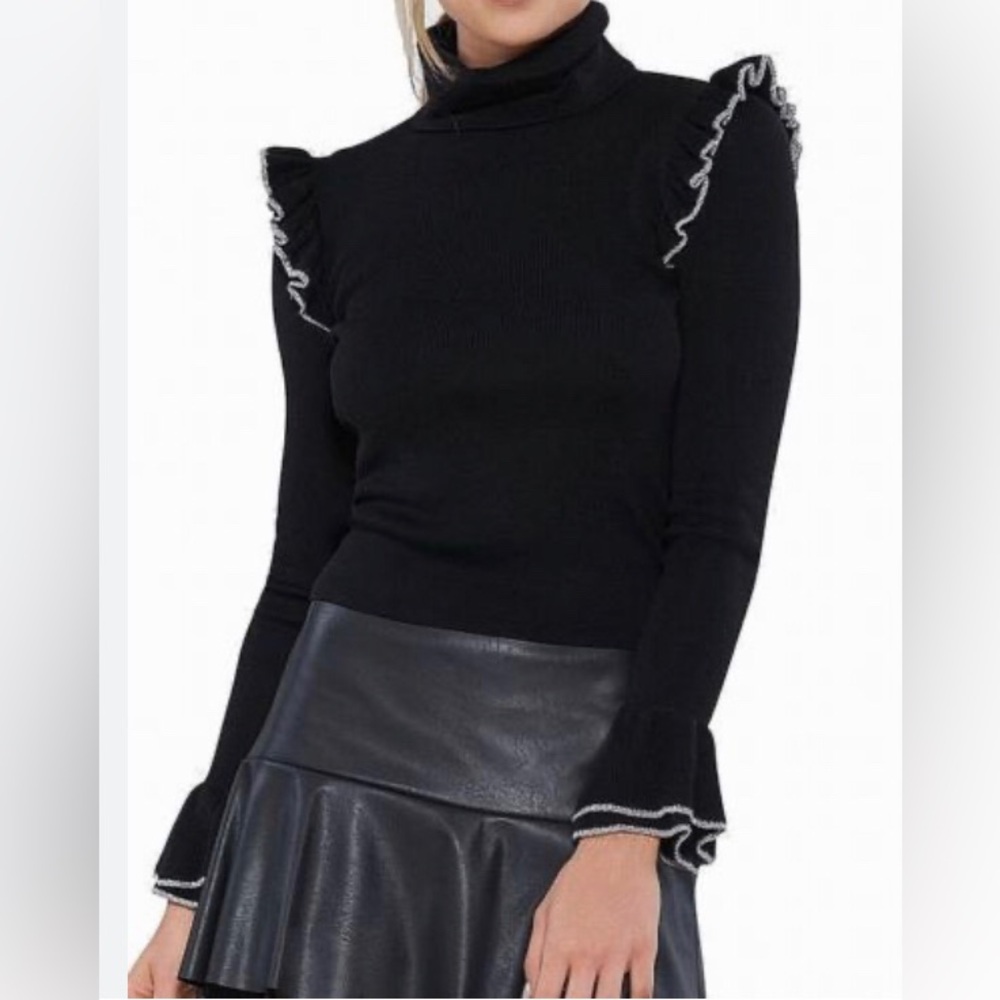 LOFT Black Ruffle Trim Blouse size Xl runs small NWOT
